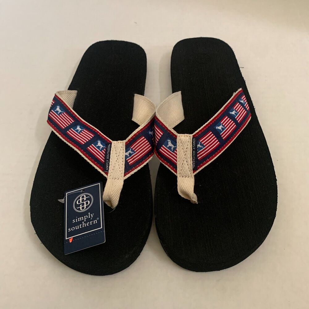 Simply Southern Men's Size 2XL 12/13.5 American Flag Dog Flip Flop Thong Sandals